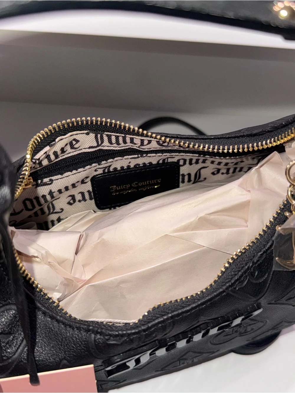 Juicy Couture Black Embossed Logo Crescent Shoulder Bag with Gold Chain